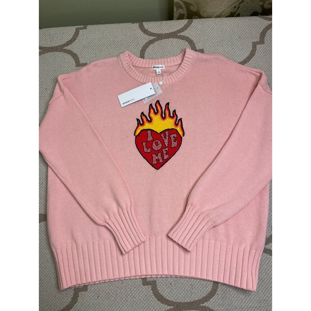 Minnie Rose Pink Crewneck Sweater with Flame Heart Patch